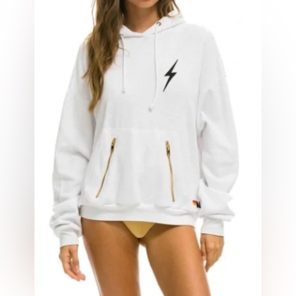 Aviator Nation Tops - Aviator Nation White Relaxed Hoodie with black lightening bolt patch, Medium